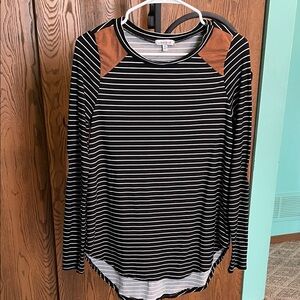 White Birch Black and White Striped Long Sleeve with Tan Accents
